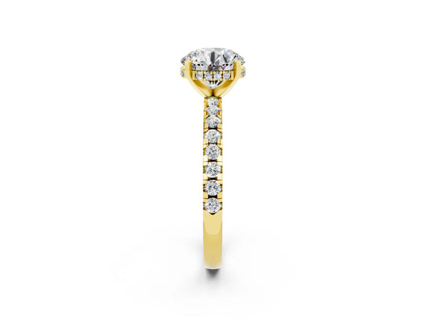 Yellow gold Round Cut Moissanite Solitaire Ring with Round  Pavé Band and Four-Prong Setting