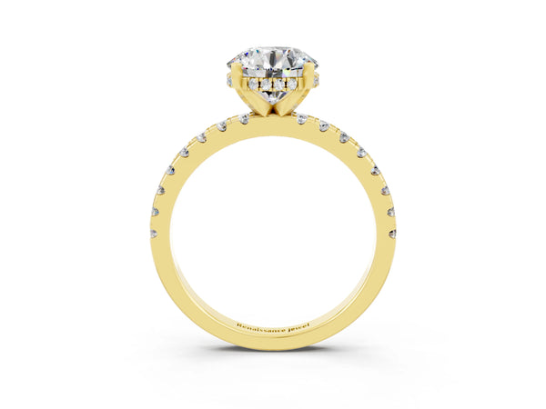 Yellow gold Round Cut Moissanite Solitaire Ring with Round  Pavé Band and Four-Prong Setting