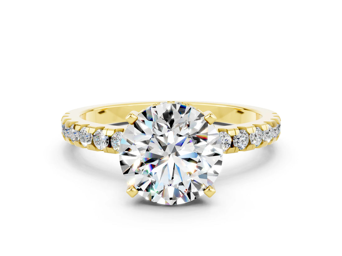 Yellow gold Round Cut Moissanite Solitaire Ring with Round  Pavé Band and Four-Prong Setting_36