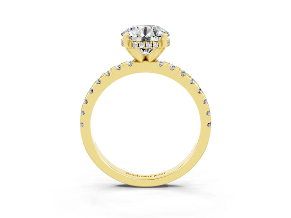 Yellow gold Round Cut Moissanite Solitaire Ring with Round Pavé Band and Four-Prong Setting