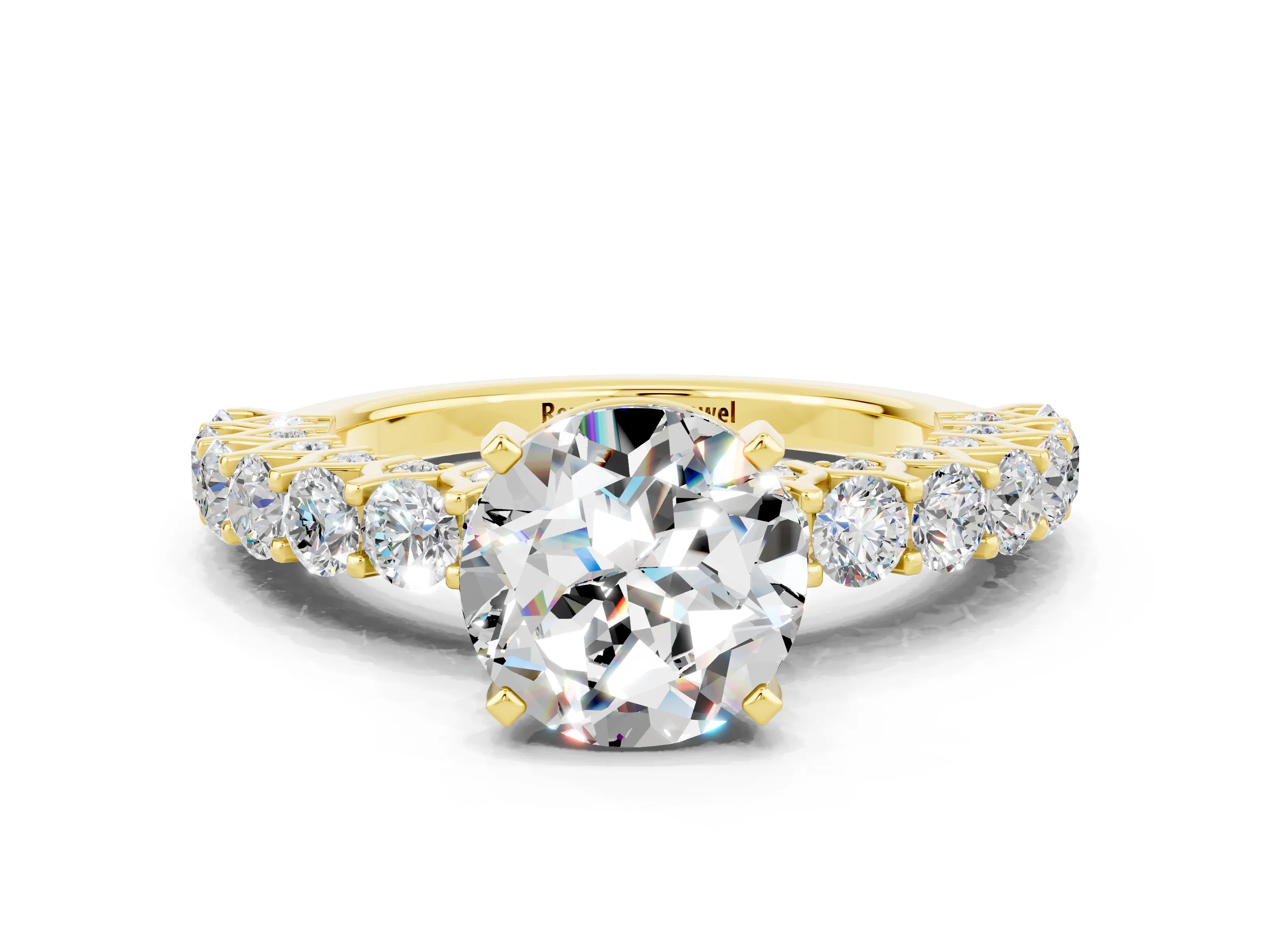 Yellow gold Round Cut Moissanite Solitaire Ring with Shared Prong Pavé Band and Four-Prong Setting