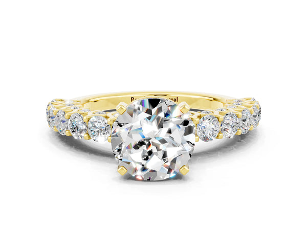 Yellow gold Round Cut Moissanite Solitaire Ring with Shared Prong Pavé Band and Four-Prong Setting
