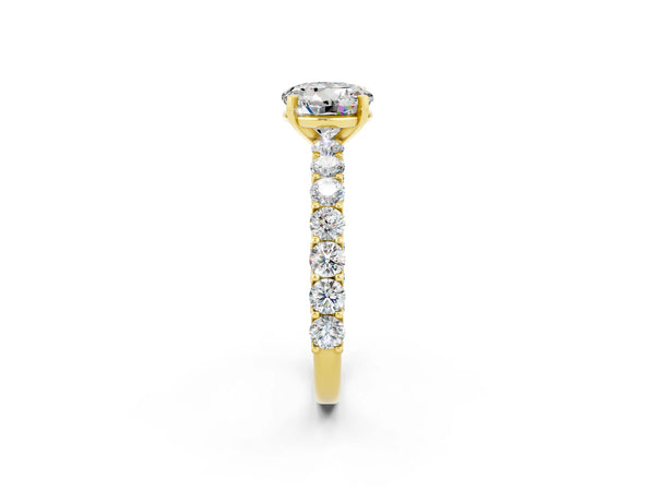 Yellow gold Round Cut Moissanite Solitaire Ring with Shared Prong Pavé Band and Four-Prong Setting