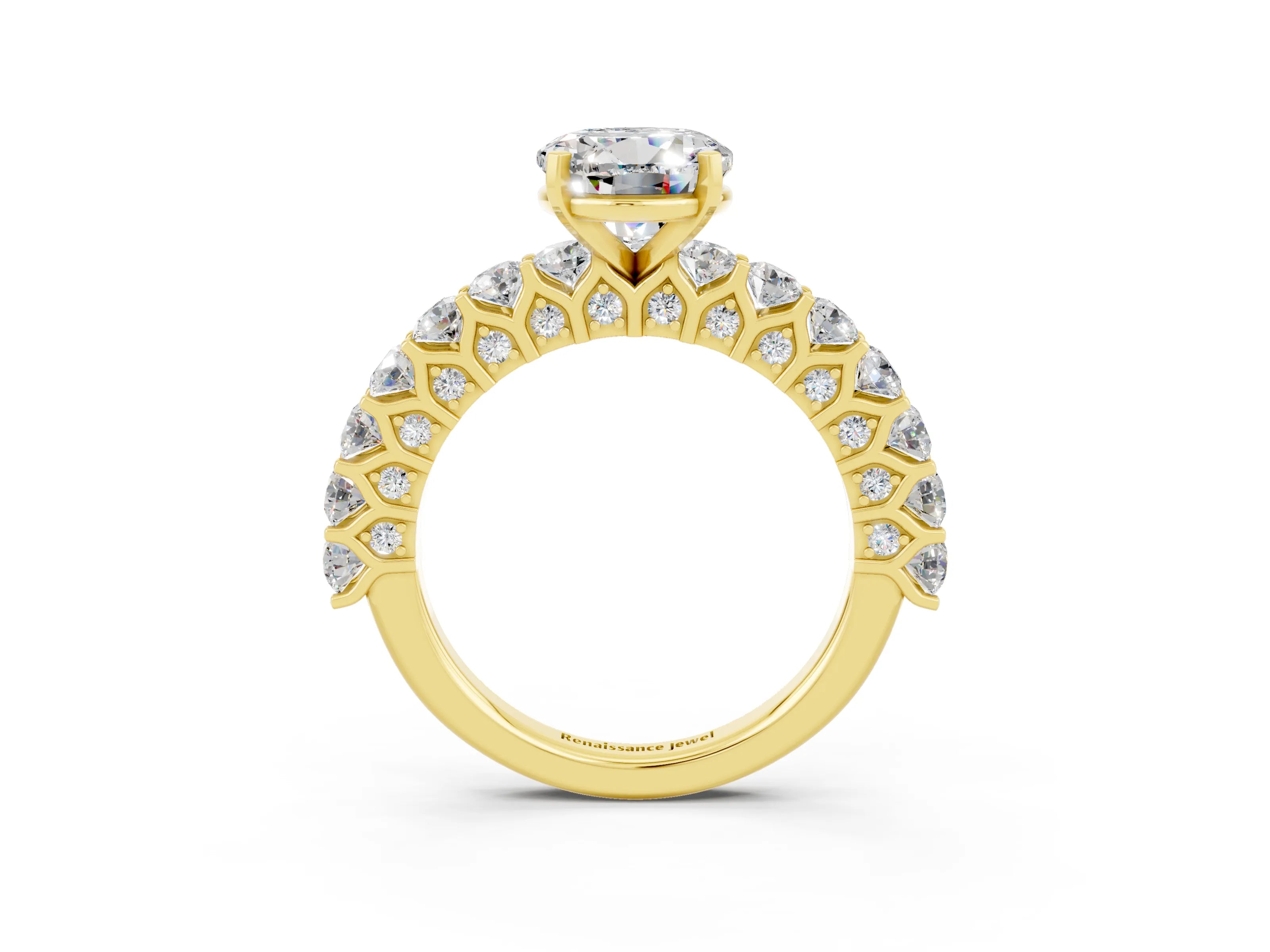 Yellow gold Round Cut Moissanite Solitaire Ring with Shared Prong Pavé Band and Four-Prong Setting_3