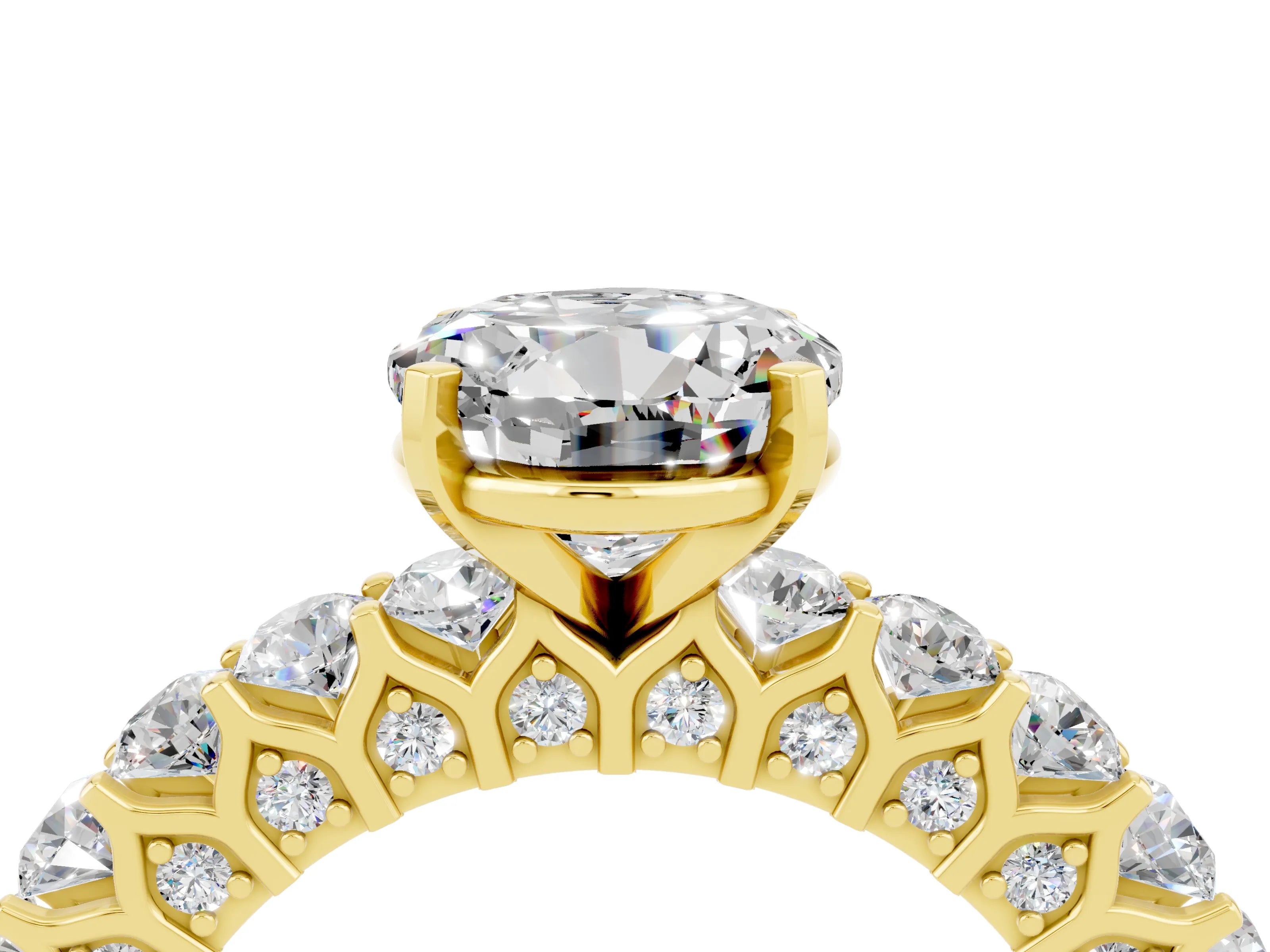 Yellow gold Round Cut Moissanite Solitaire Ring with Shared Prong Pavé Band and Four-Prong Setting_4