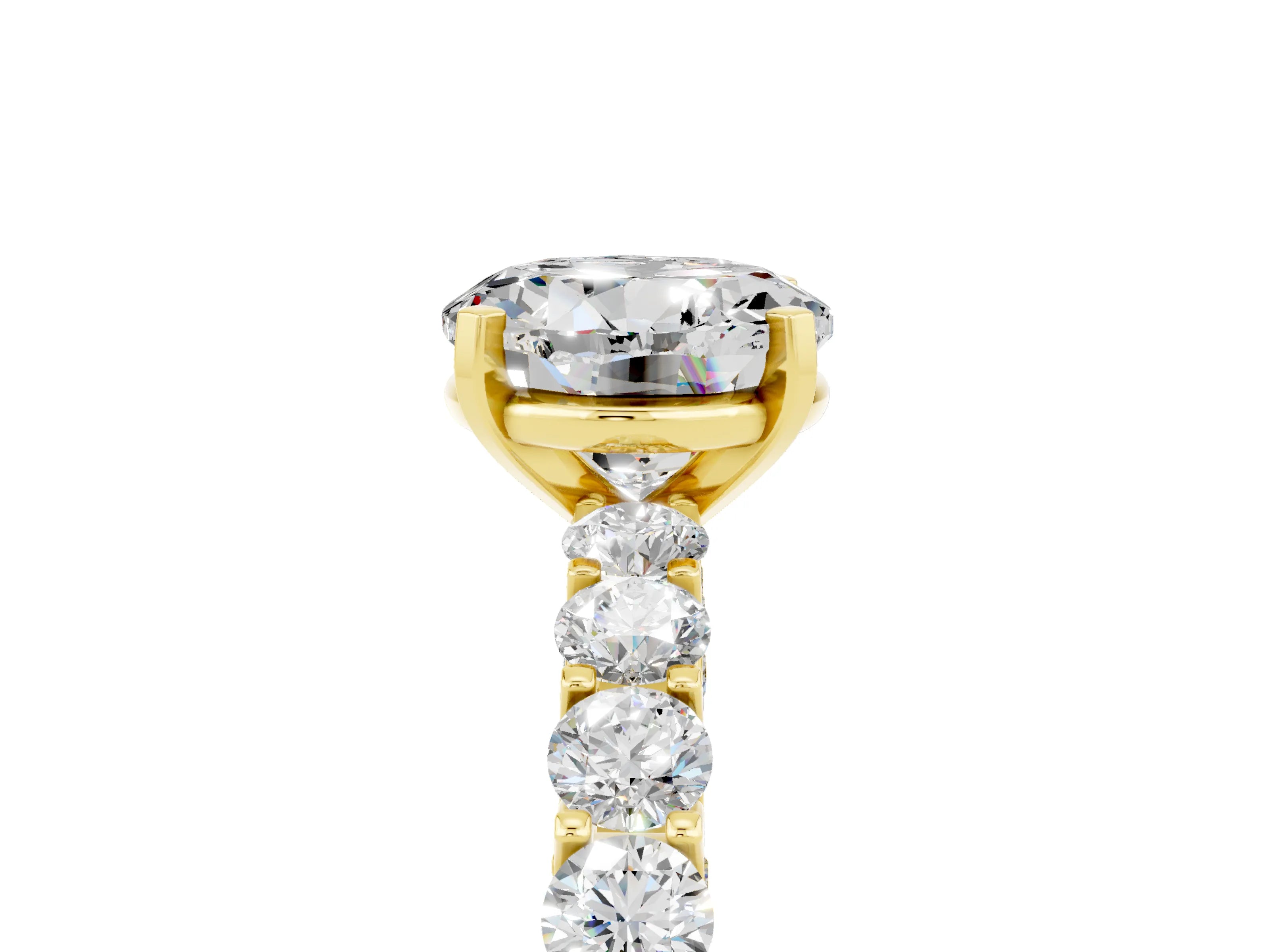Yellow gold Round Cut Moissanite Solitaire Ring with Shared Prong Pavé Band and Four-Prong Setting_5