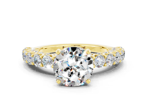 Yellow gold Round Cut Moissanite Solitaire Ring with Shared Prong Pavé Band and Four-Prong Setting