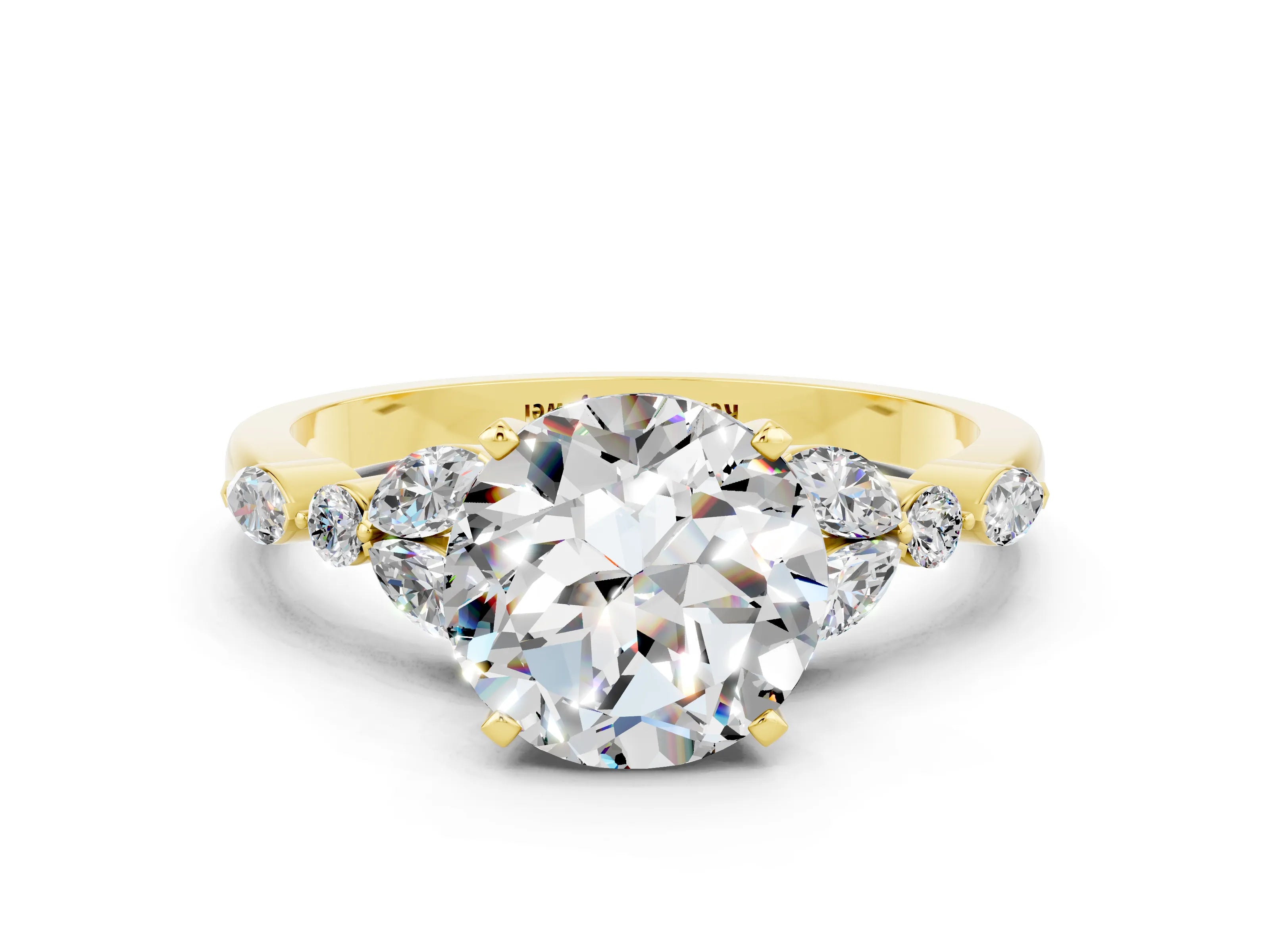 Yellow gold Round Cut Moissanite Solitaire Ring with Side Stones and Four-Prong Setting_12