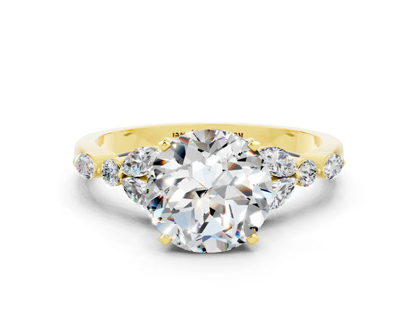Yellow gold Round Cut Moissanite Solitaire Ring with Side Stones and Four-Prong Setting