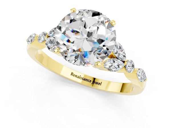 Yellow gold Round Cut Moissanite Solitaire Ring with Side Stones and Four-Prong Setting