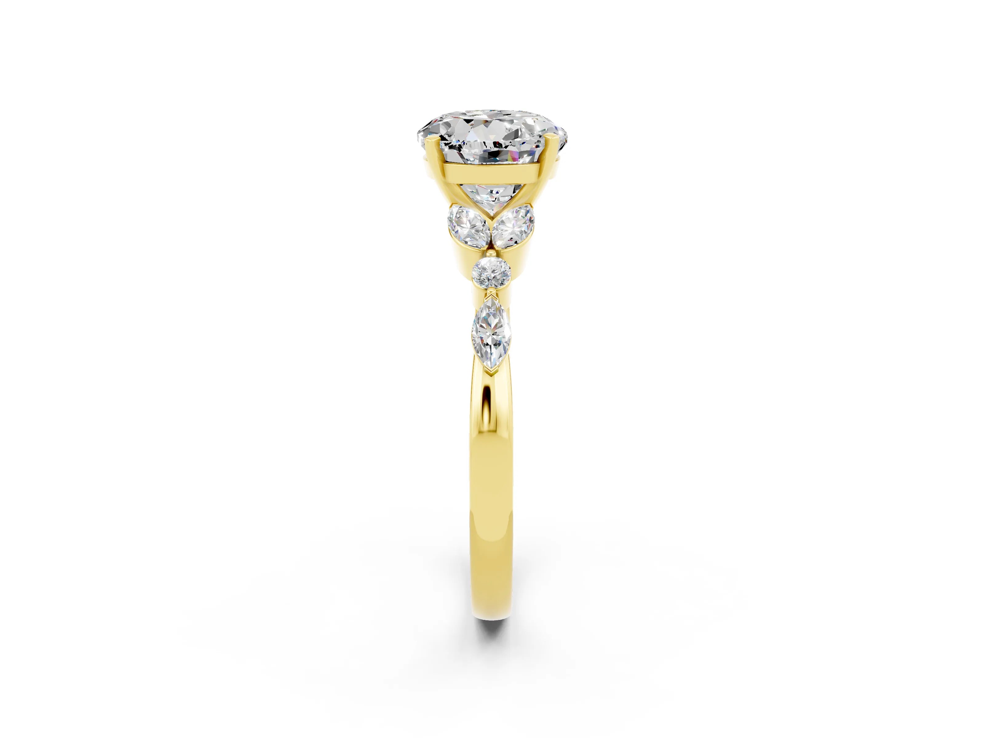 Yellow gold Round Cut Moissanite Solitaire Ring with Side Stones and Four-Prong Setting_14