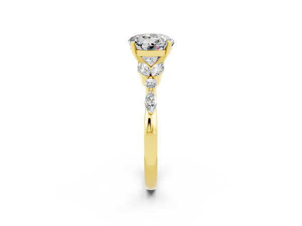 Yellow gold Round Cut Moissanite Solitaire Ring with Side Stones and Four-Prong Setting