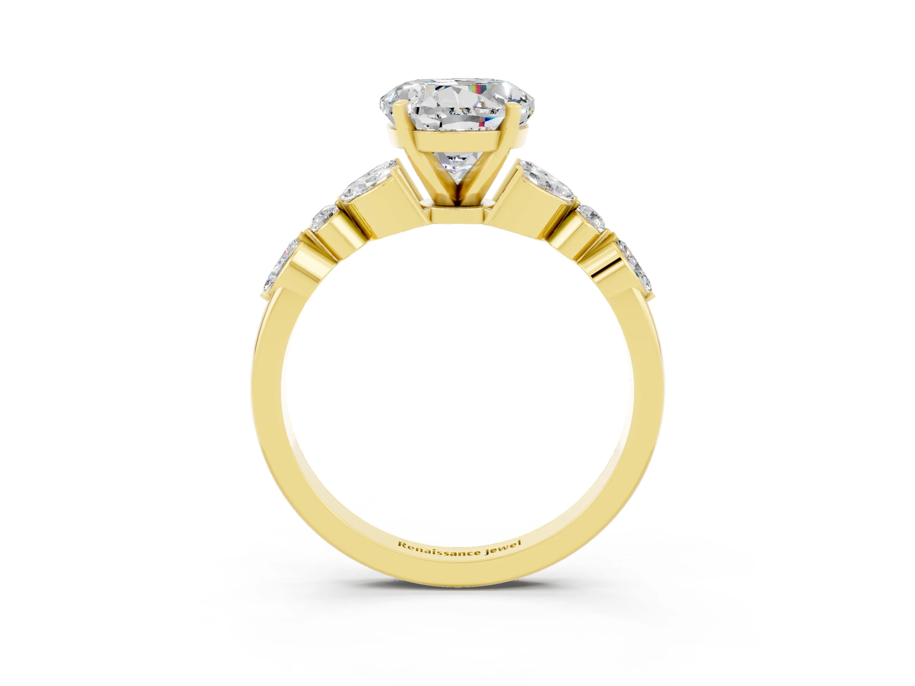 Yellow gold Round Cut Moissanite Solitaire Ring with Side Stones and Four-Prong Setting_15
