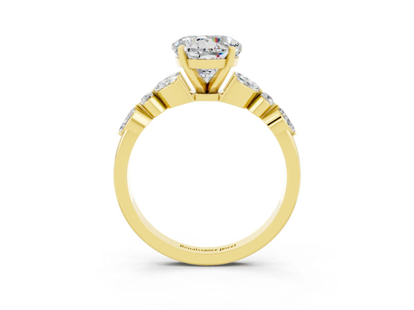 Yellow gold Round Cut Moissanite Solitaire Ring with Side Stones and Four-Prong Setting