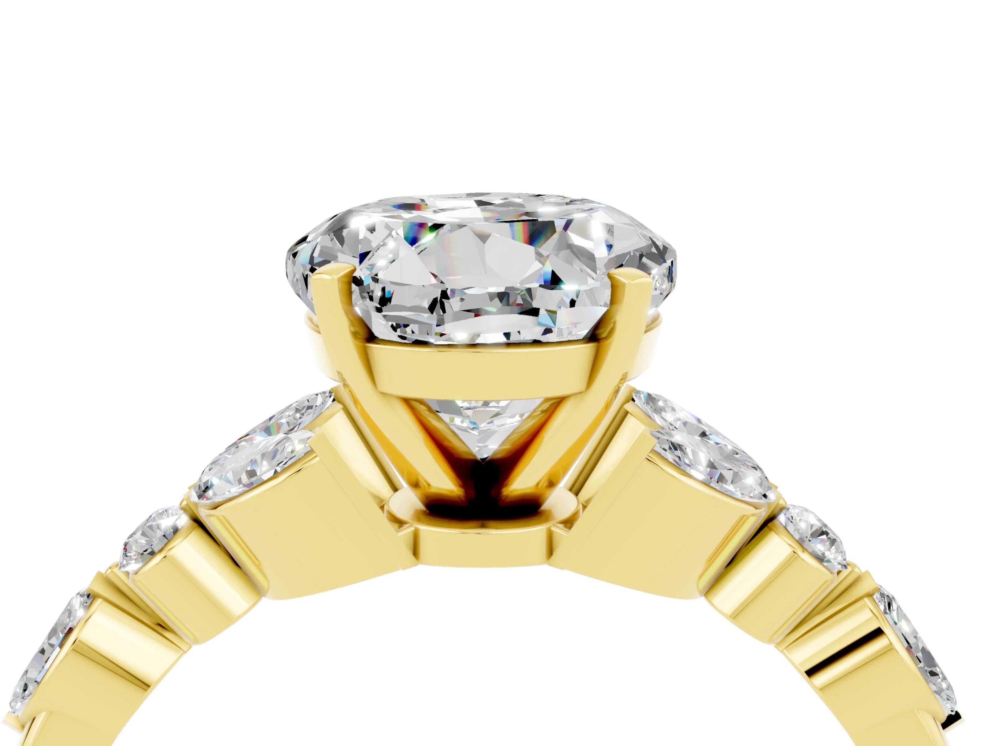 Yellow gold Round Cut Moissanite Solitaire Ring with Side Stones and Four-Prong Setting_16