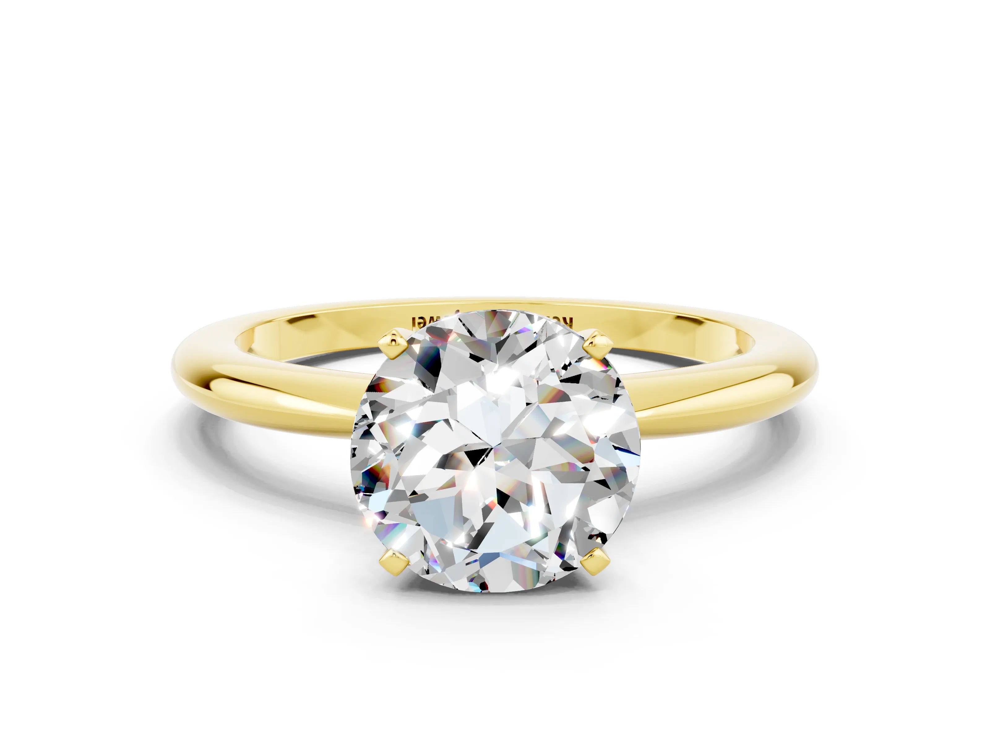 Yellow gold Round Cut Moissanite Solitaire Ring with Six-Prong Setting and Classic Band
