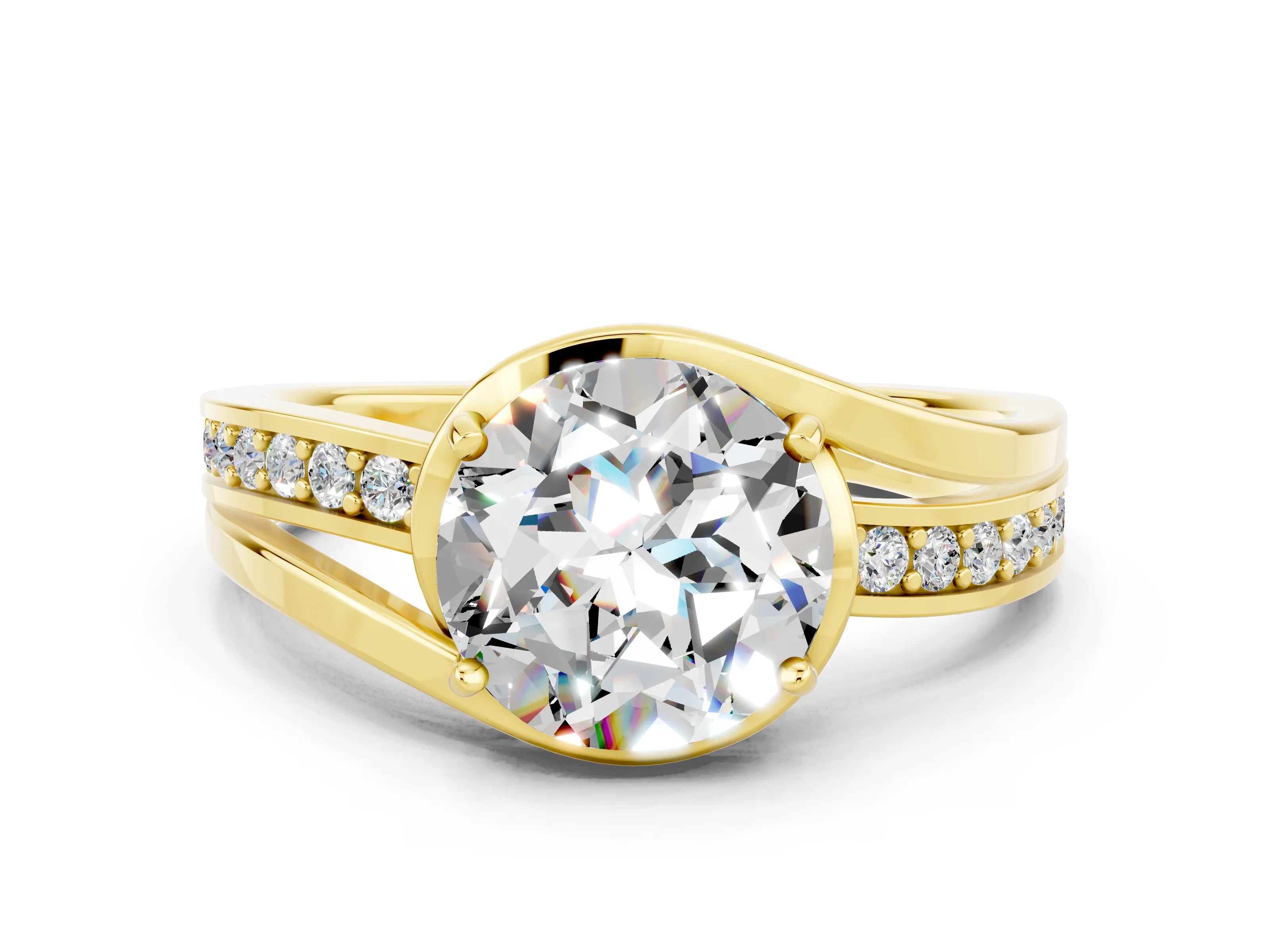 Yellow gold Round Cut Moissanite Solitaire Ring with Split Shank and Prong Setting