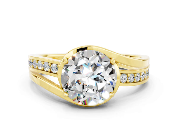 Yellow gold Round Cut Moissanite Solitaire Ring with Split Shank and Prong Setting