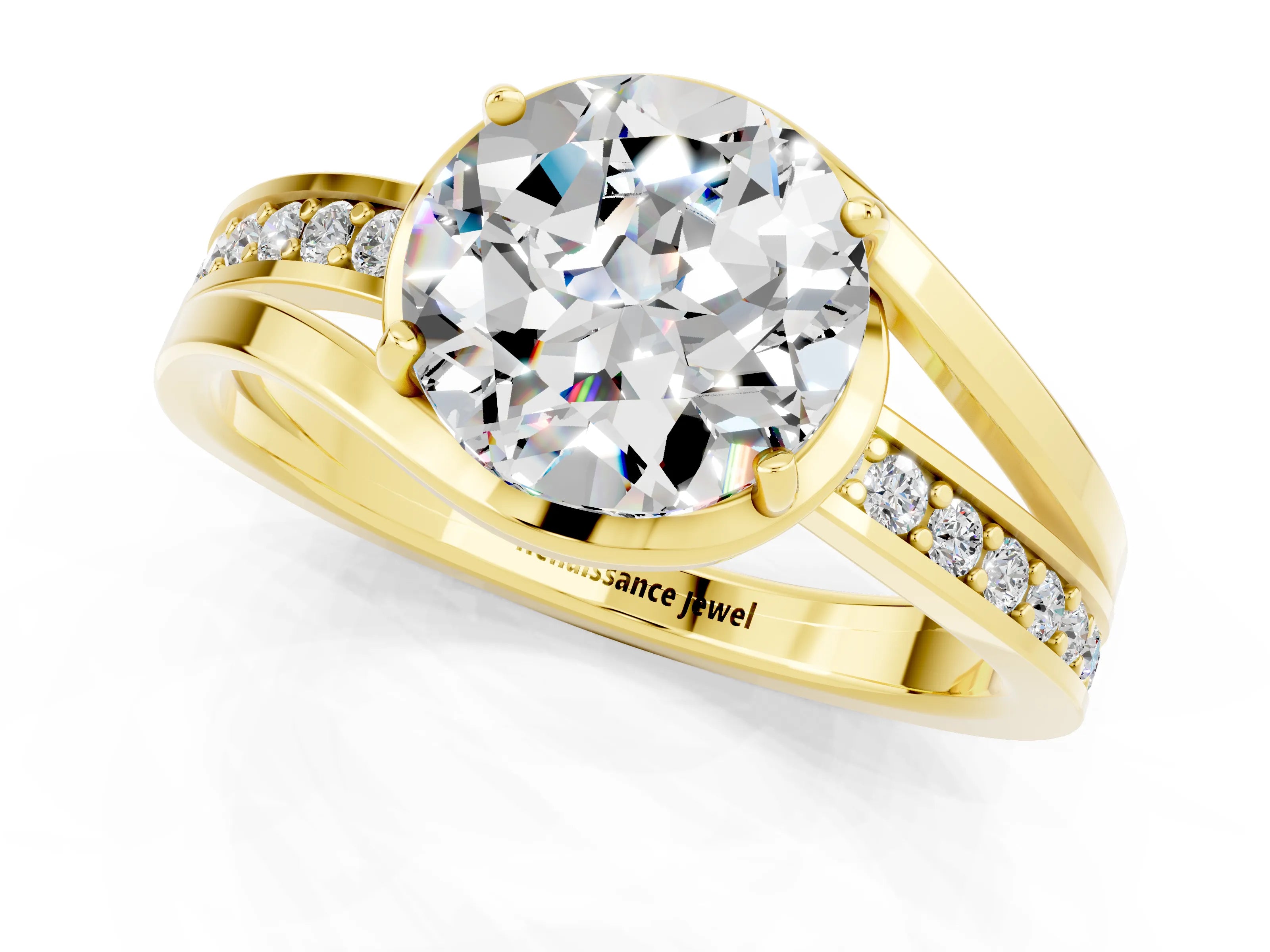 Yellow gold Round Cut Moissanite Solitaire Ring with Split Shank and Prong Setting_1
