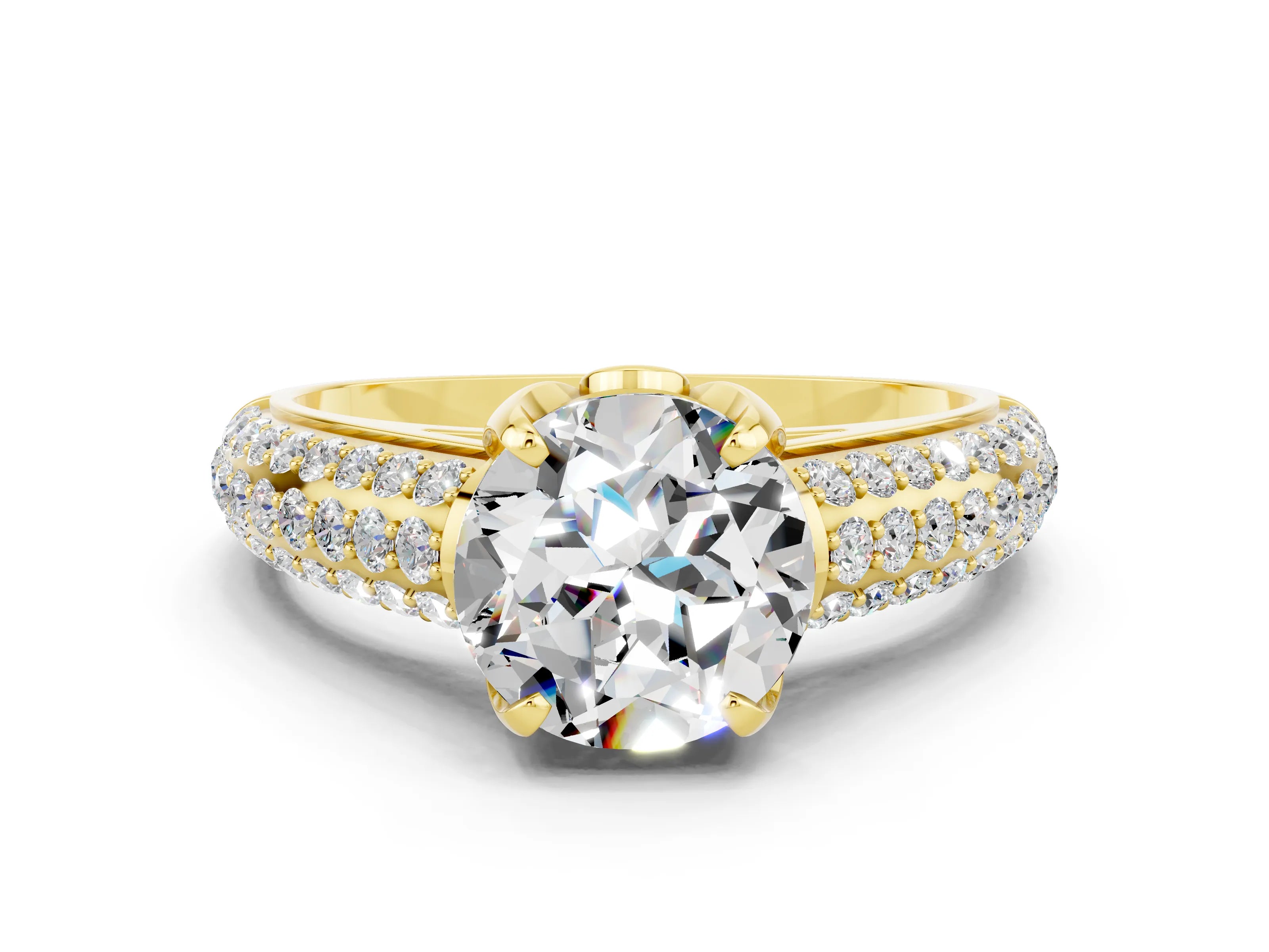 Yellow gold Round Cut Moissanite Solitaire Ring with Three-Row Pavé Band and Four-Prong Setting_12
