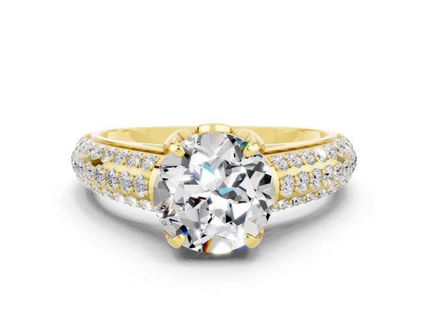 Yellow gold Round Cut Moissanite Solitaire Ring with Three-Row Pavé Band and Four-Prong Setting