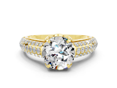 Yellow gold Round Cut Moissanite Solitaire Ring with Three-Row Pavé Band and Four-Prong Setting_12