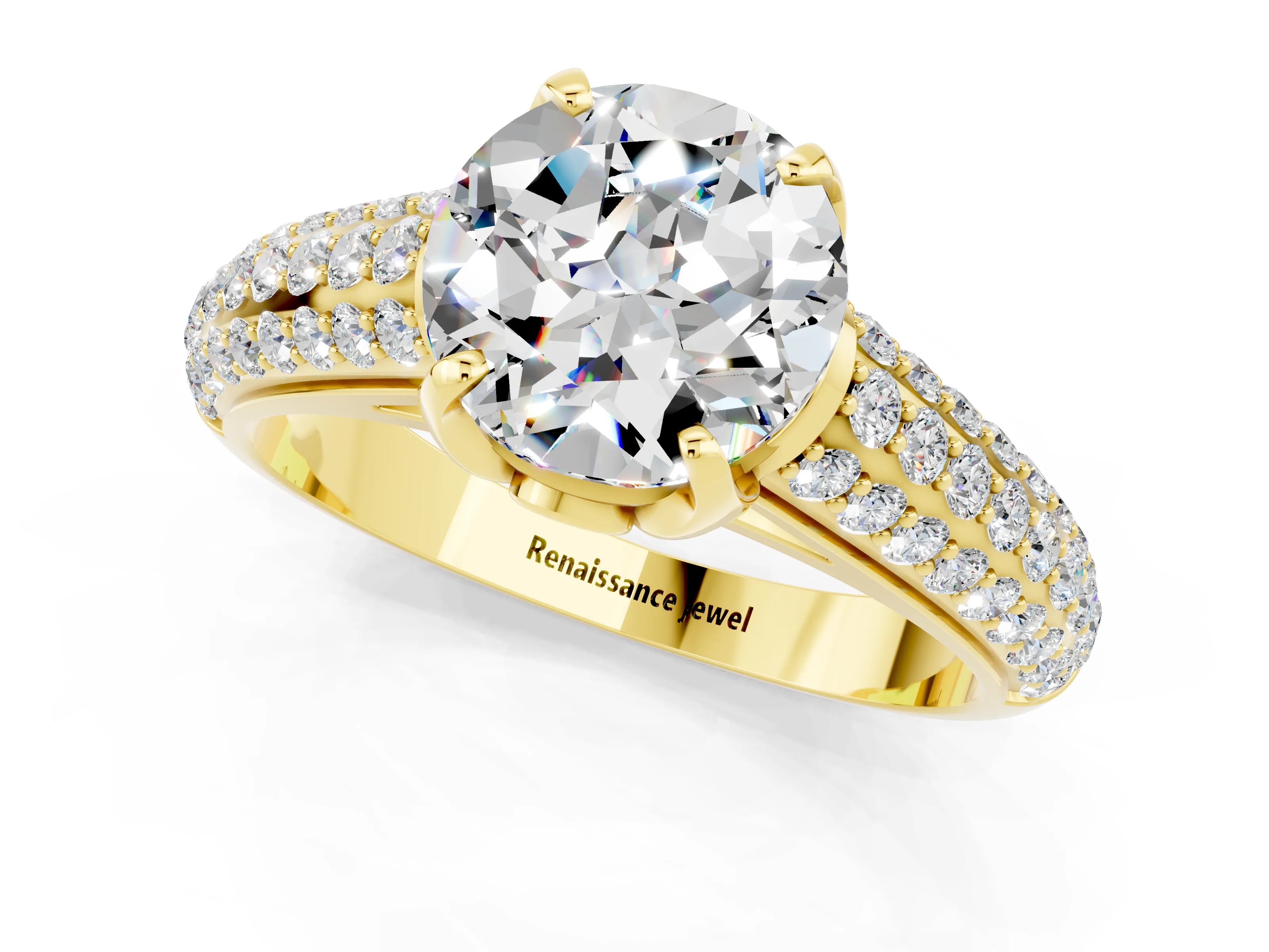 Yellow gold Round Cut Moissanite Solitaire Ring with Three-Row Pavé Band and Four-Prong Setting_13