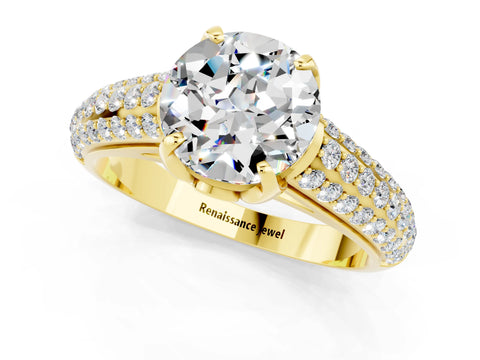 Yellow gold Round Cut Moissanite Solitaire Ring with Three-Row Pavé Band and Four-Prong Setting_13