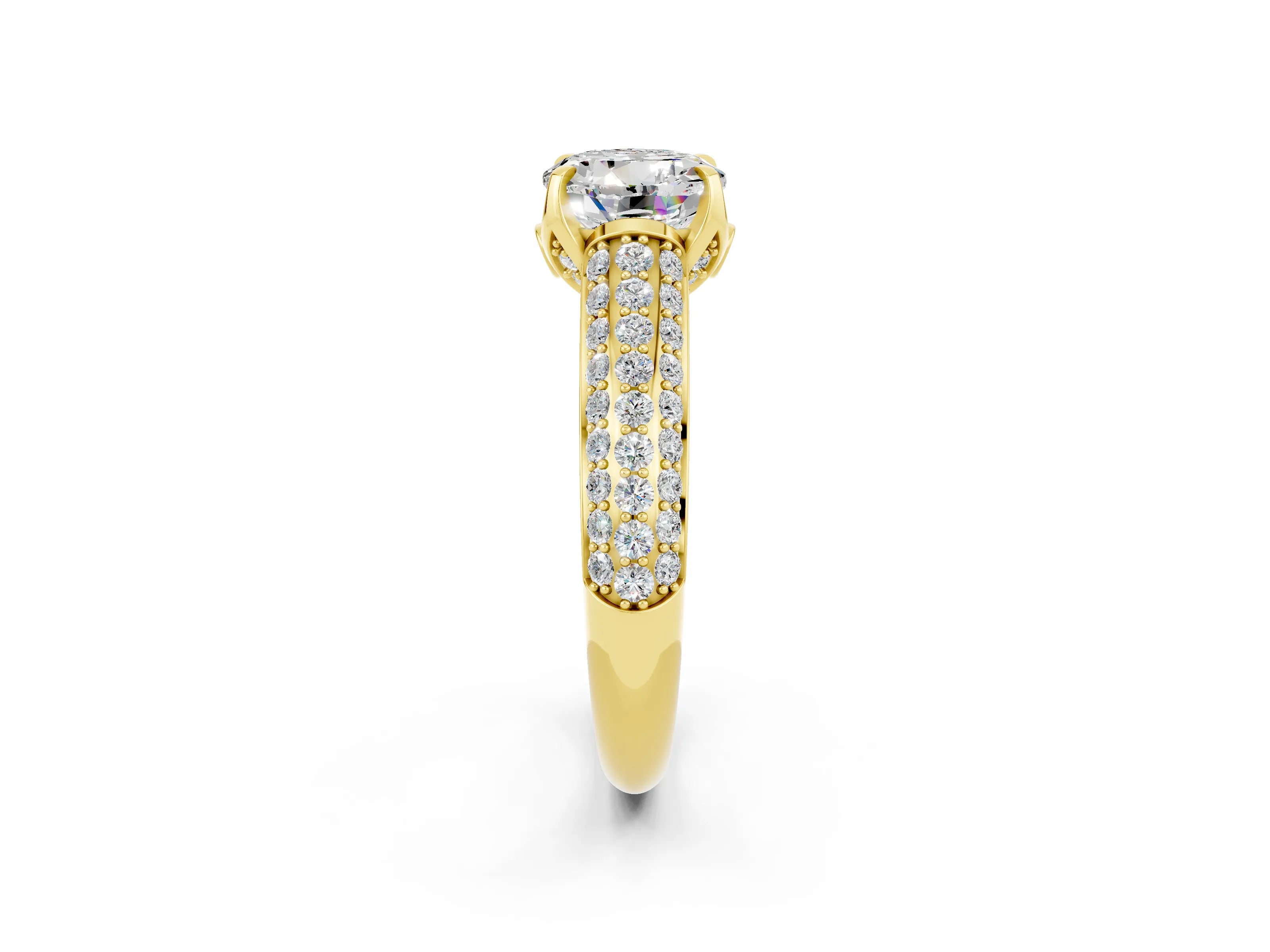Yellow gold Round Cut Moissanite Solitaire Ring with Three-Row Pavé Band and Four-Prong Setting_14