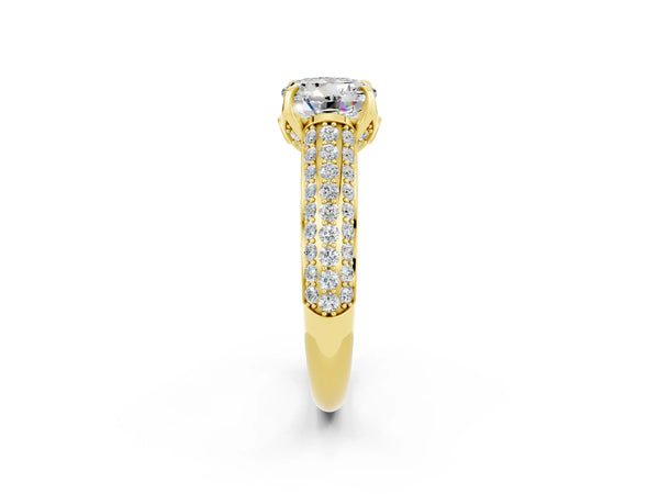 Yellow gold Round Cut Moissanite Solitaire Ring with Three-Row Pavé Band and Four-Prong Setting