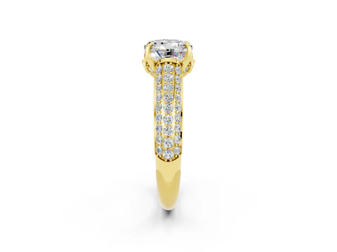 Yellow gold Round Cut Moissanite Solitaire Ring with Three-Row Pavé Band and Four-Prong Setting_14