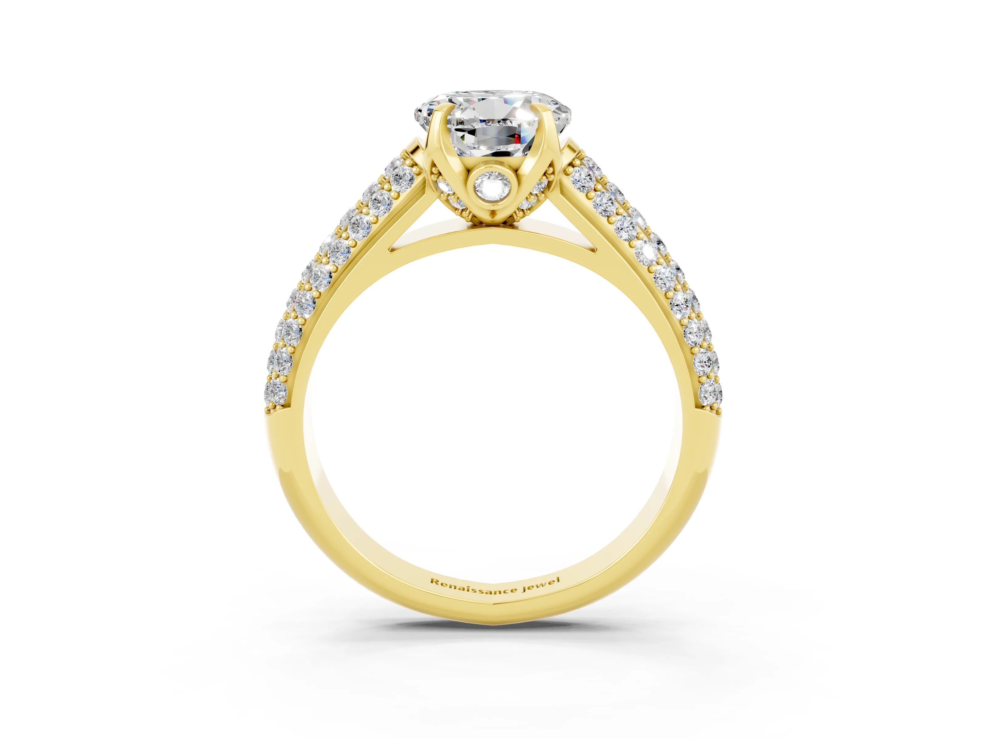 Yellow gold Round Cut Moissanite Solitaire Ring with Three-Row Pavé Band and Four-Prong Setting_15