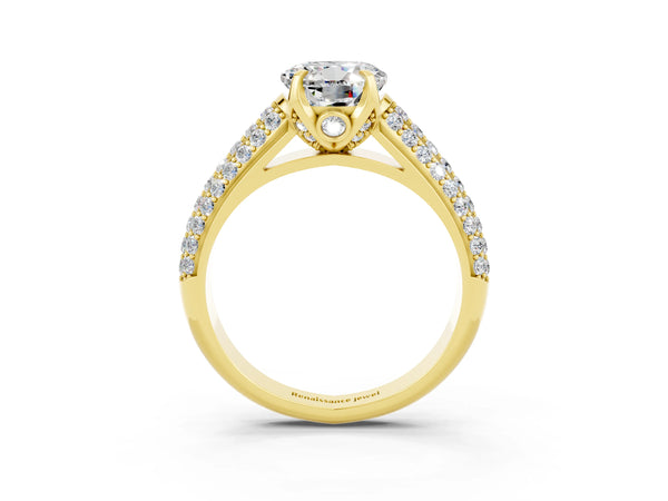 Yellow gold Round Cut Moissanite Solitaire Ring with Three-Row Pavé Band and Four-Prong Setting