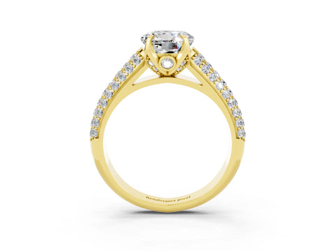 Yellow gold Round Cut Moissanite Solitaire Ring with Three-Row Pavé Band and Four-Prong Setting_15