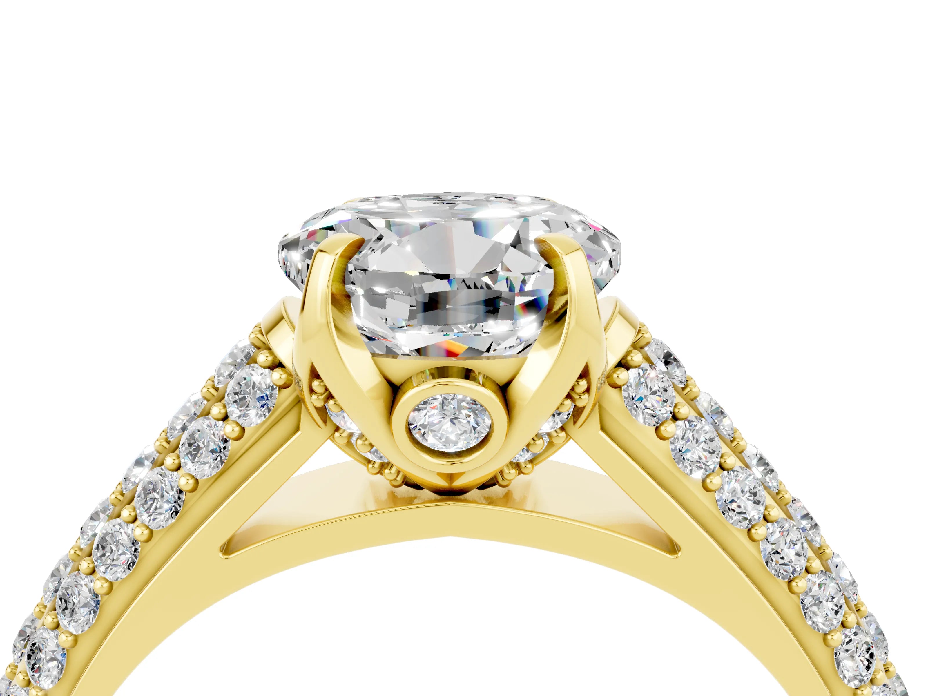 Yellow gold Round Cut Moissanite Solitaire Ring with Three-Row Pavé Band and Four-Prong Setting_16