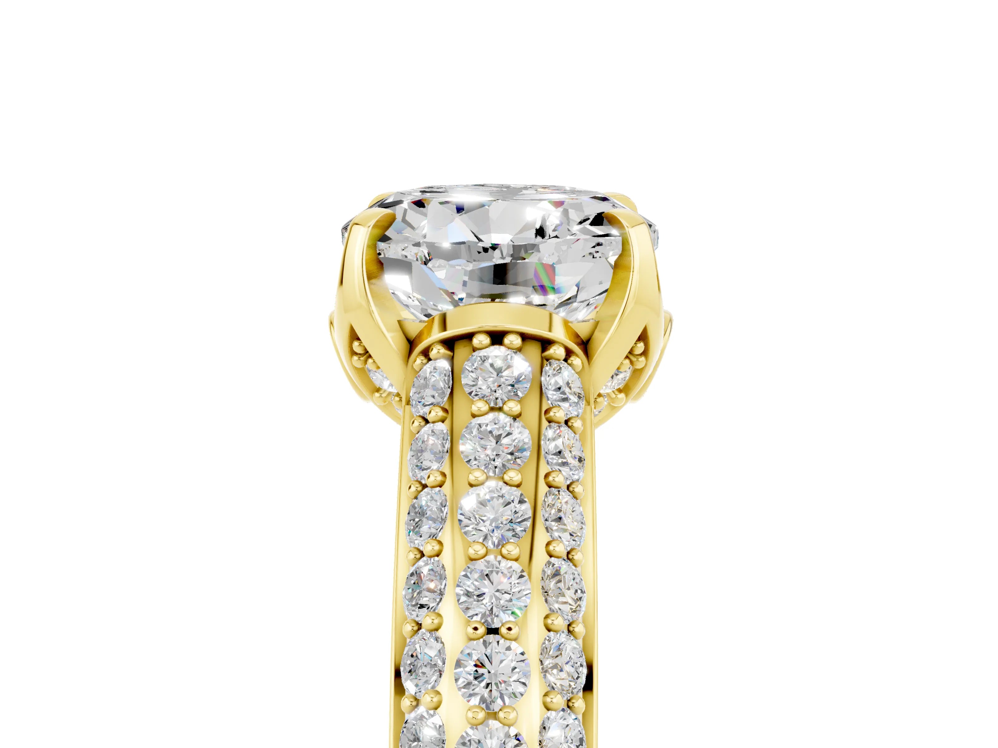 Yellow gold Round Cut Moissanite Solitaire Ring with Three-Row Pavé Band and Four-Prong Setting_17