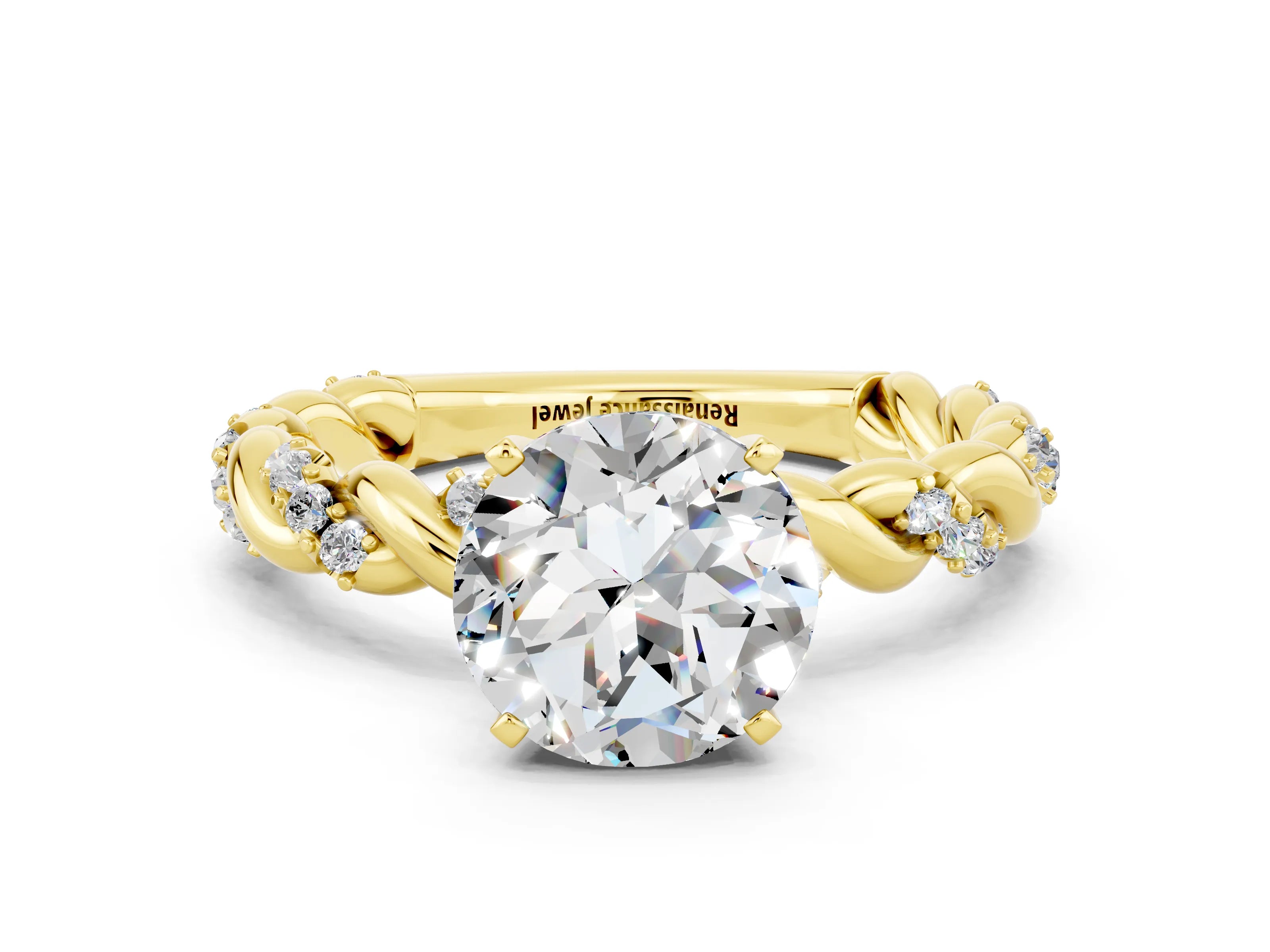 Yellow gold Round Cut Moissanite Solitaire Ring with Twisted Band and Pavé Accents
