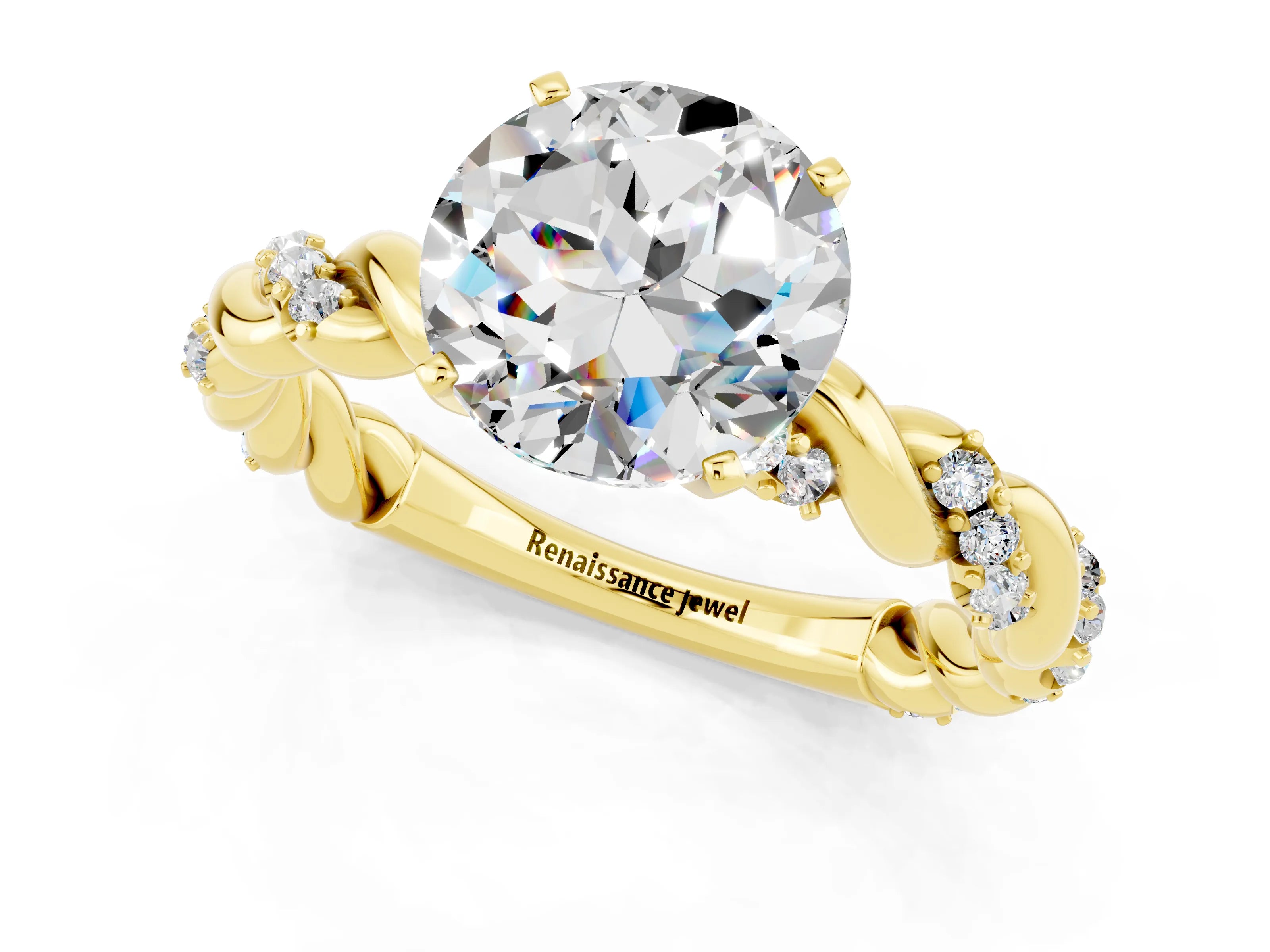 Yellow gold Round Cut Moissanite Solitaire Ring with Twisted Band and Pavé Accents_1