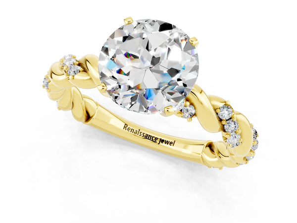 Yellow gold Round Cut Moissanite Solitaire Ring with Twisted Band and Pavé Accents