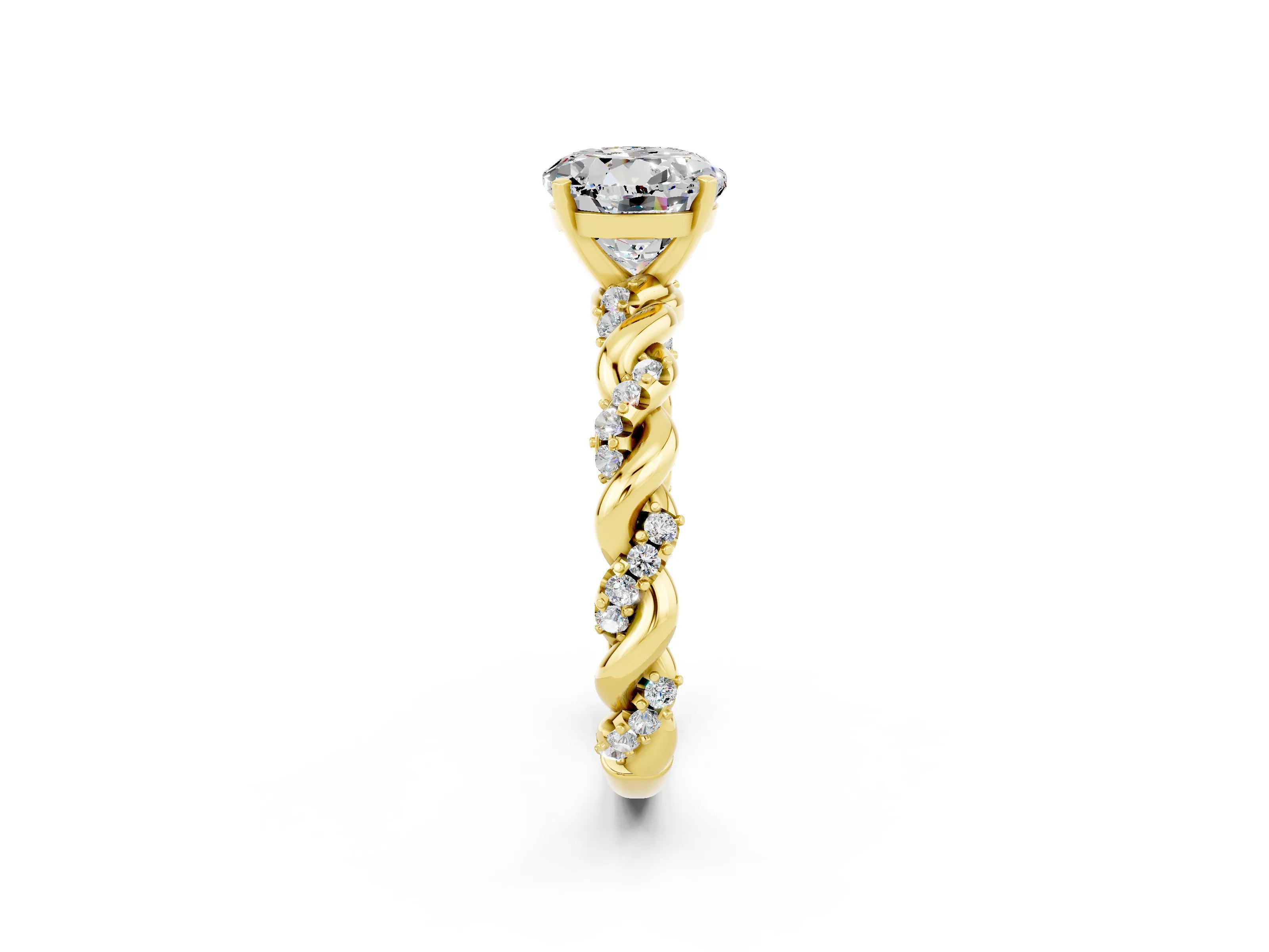 Yellow gold Round Cut Moissanite Solitaire Ring with Twisted Band and Pavé Accents_2