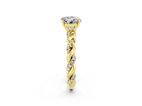 Yellow gold Round Cut Moissanite Solitaire Ring with Twisted Band and Pavé Accents_2