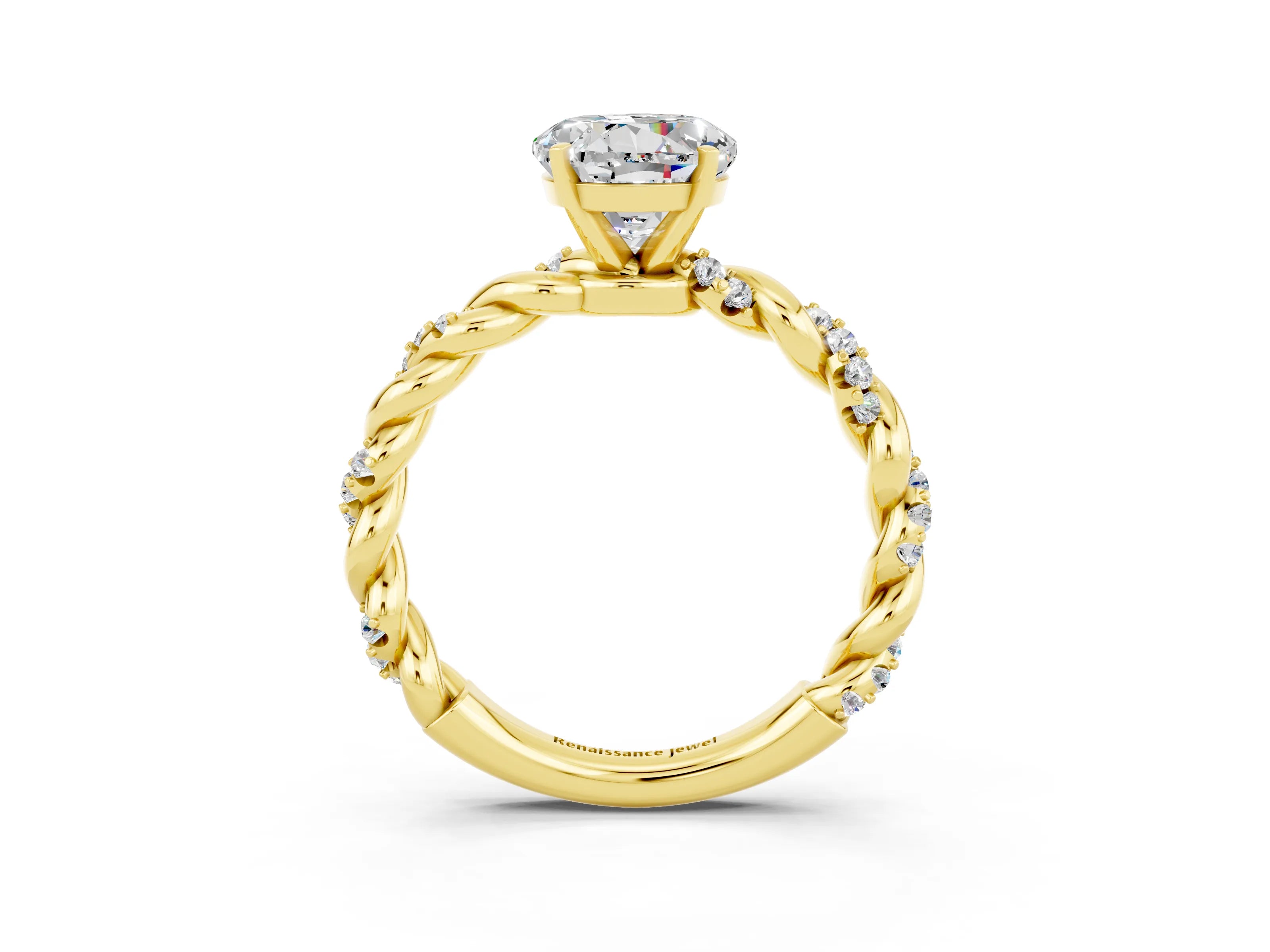 Yellow gold Round Cut Moissanite Solitaire Ring with Twisted Band and Pavé Accents_3