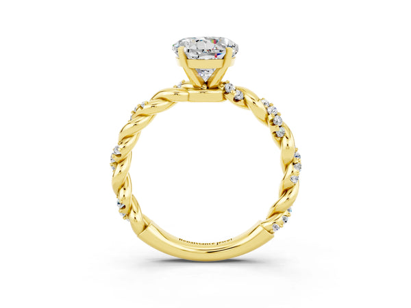Yellow gold Round Cut Moissanite Solitaire Ring with Twisted Band and Pavé Accents