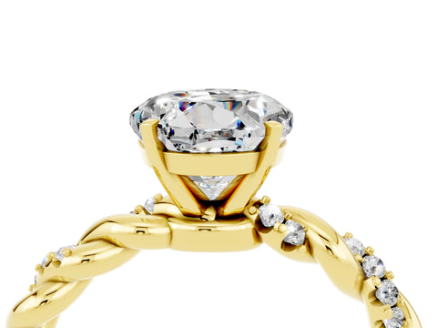 Yellow gold Round Cut Moissanite Solitaire Ring with Twisted Band and Pavé Accents_4
