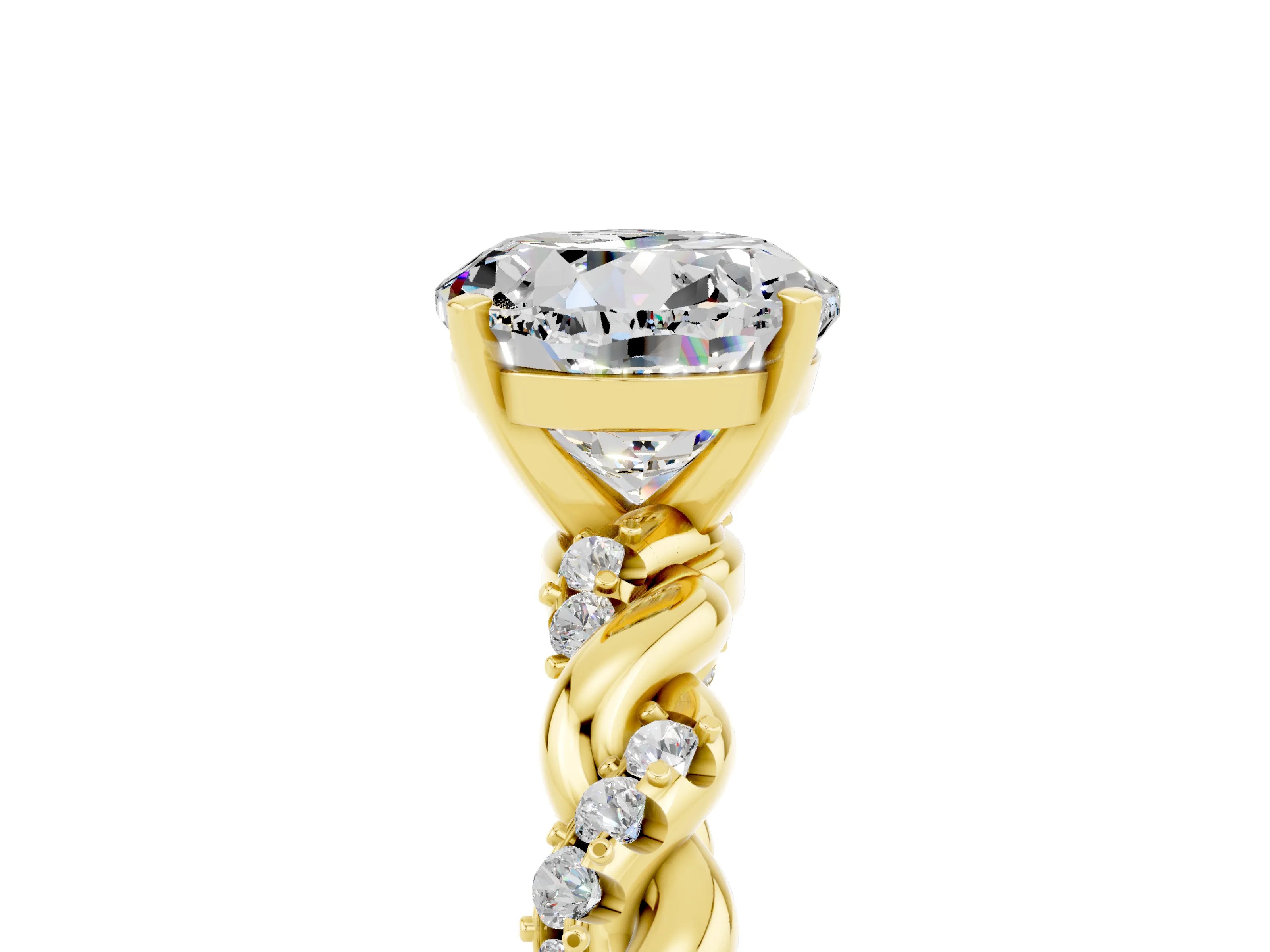 Yellow gold Round Cut Moissanite Solitaire Ring with Twisted Band and Pavé Accents_5