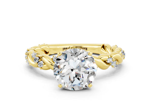 Yellow gold Round Cut Moissanite Solitaire Ring with Twisted Band and Pavé Accents