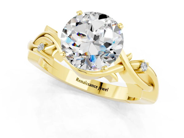 Yellow gold Round Cut Moissanite Solitaire Ring with Twisted Band and Prong Setting