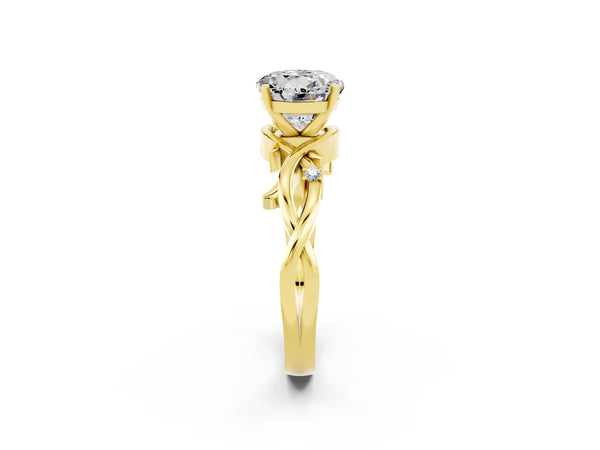 Yellow gold Round Cut Moissanite Solitaire Ring with Twisted Band and Prong Setting