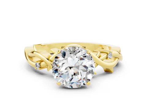 Yellow gold Round Cut Moissanite Solitaire Ring with Twisted Band and Prong Setting