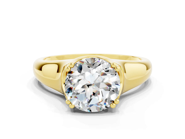 Yellow gold Round Cut Moissanite Solitaire Ring with Wide Band and Prong Setting